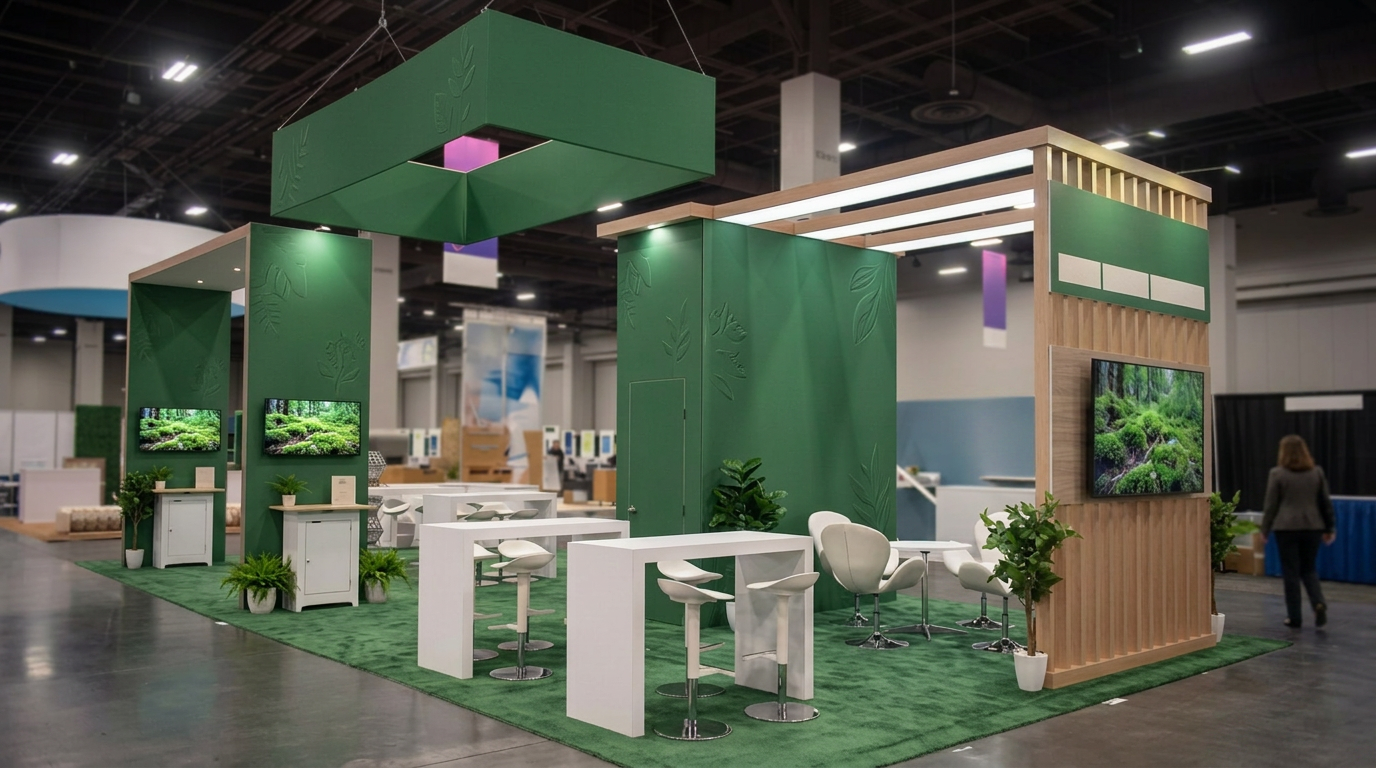Exhibit booth with green carpet flooring next to dark gray polished concrete aisle at a trade show